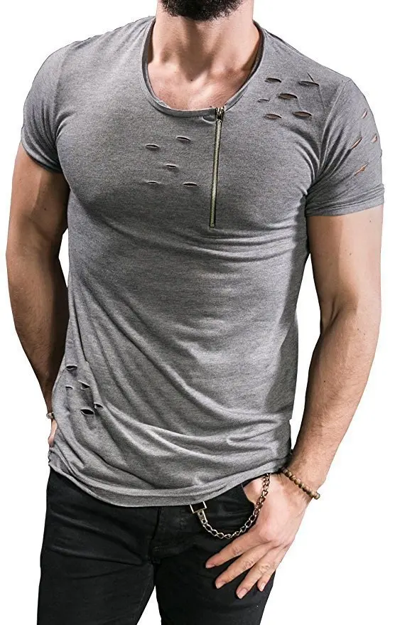 

PADEGAO Ripped Hole T shirt Men sexy skinny Zipper Breathable Casual Tees summer high street t shirt mens t-shrits plus size 3xl