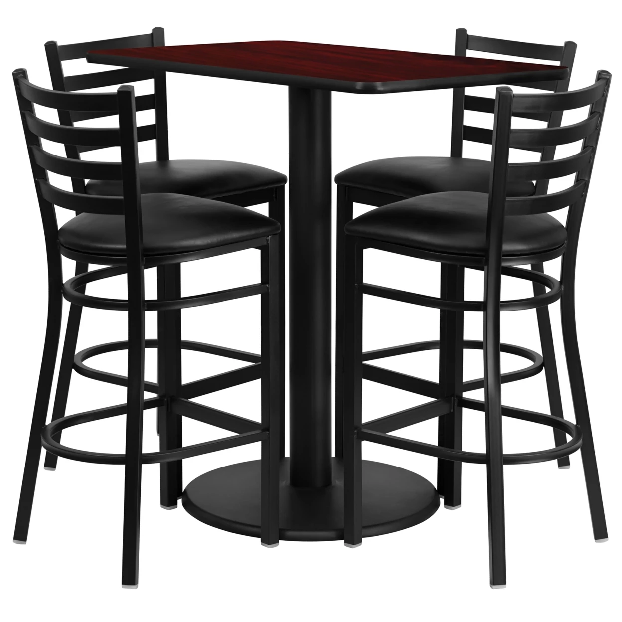 

Flash Furniture 24'' x 42'' Rectangular Mahogany Laminate Table Set with 4 Ladder Back Metal Bar Stools - Black Vinyl Seat