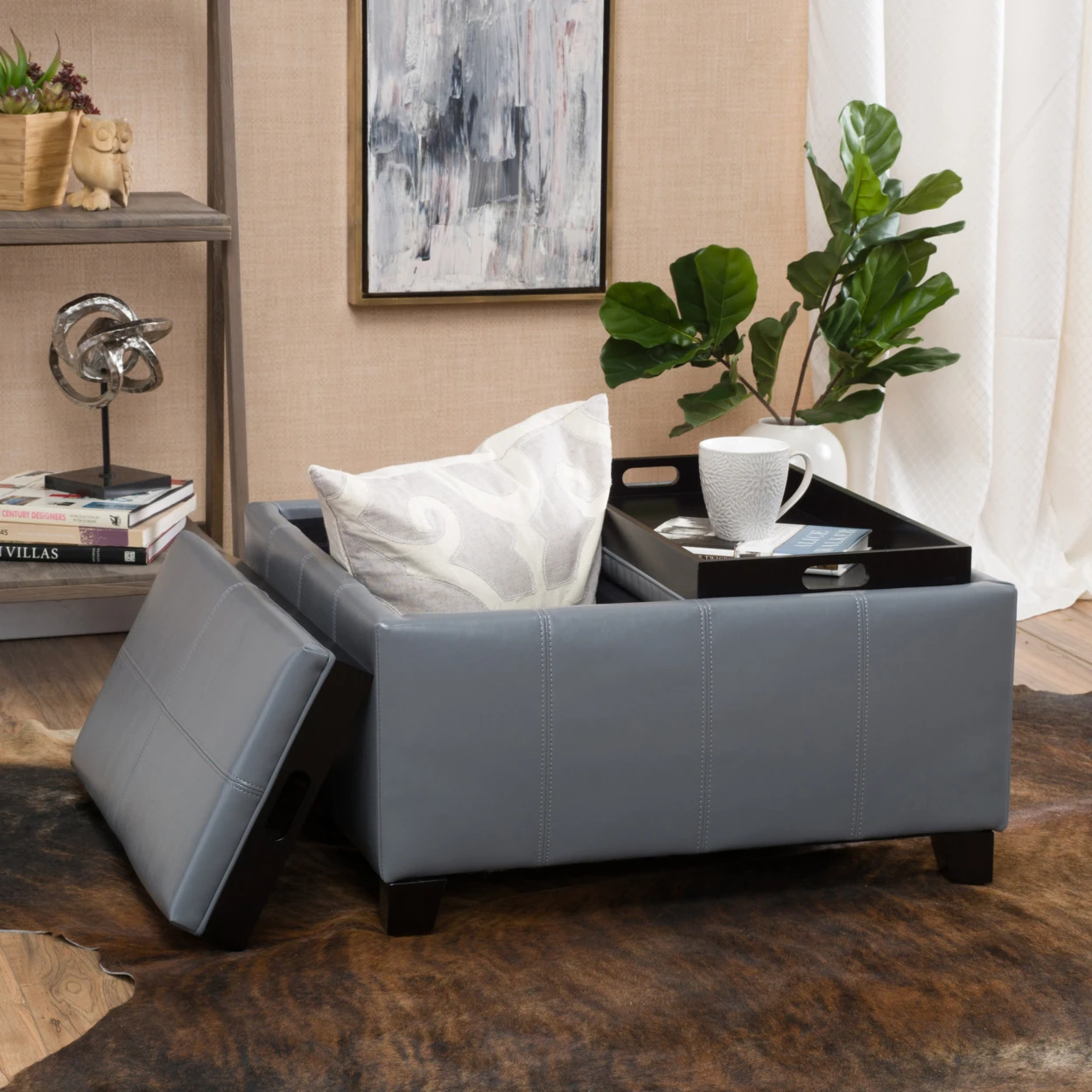 Justin 2 Tray Top Gray Leather Ottoman Coffee Table w Storage