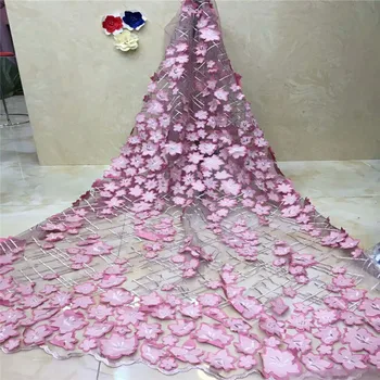 

2018 High Quality 3D Flower African lace fabric For Wedding Dress With Beads French Mesh Lace Fabric pink H1058