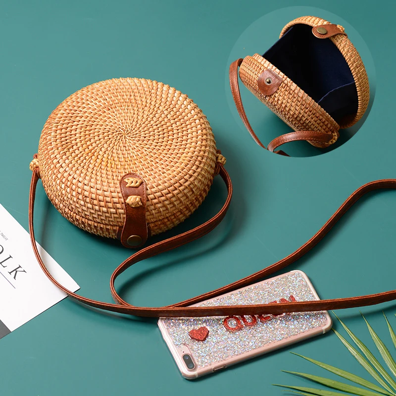 FEMALEE Handmade Rattan Woven Round Women Crossbody Bag Vintage Straw Square Box Messenger Bag Lady Summer Beach Shoulder Bags