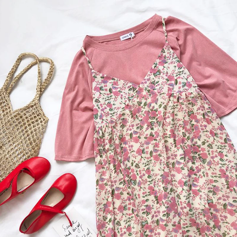 

2019 Korean Version Set Pink Short-Sleeved T-shirt + Summer Floral Print Dress Flower Cute Dress Two Piece Suit