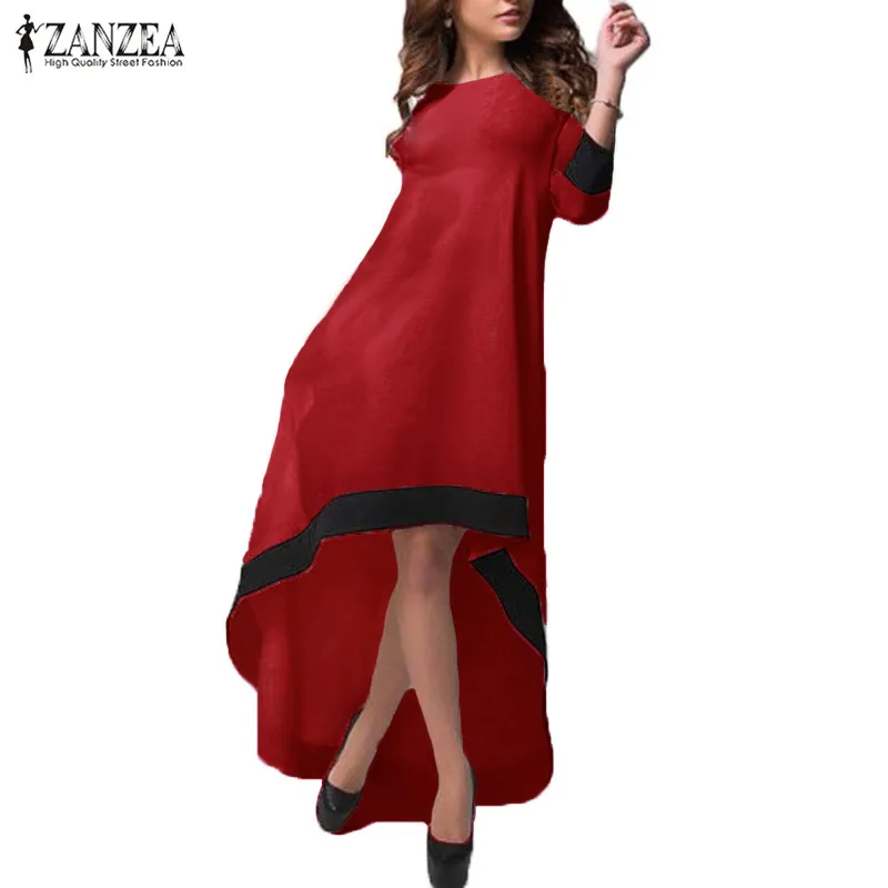 

2019 ZANZEA Womens Crew Neck 3/4 Sleeve Stitching Asymmetrical Hem Summer Boho Party Maxi Long Dress Beach Vestido Plus Size