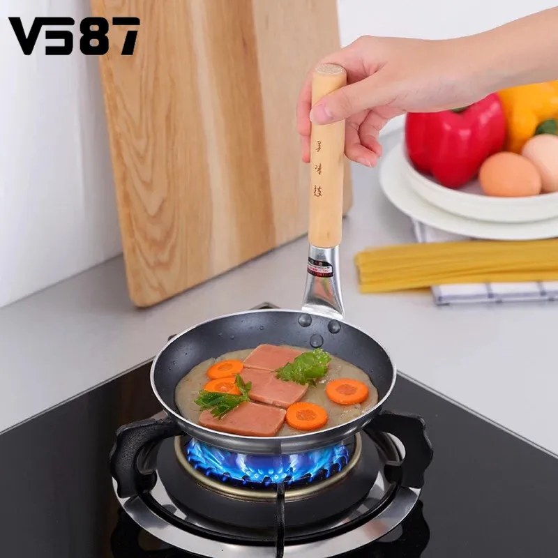17cm Aluminum Alloy Nonstick Pan Gas Induction Use Pans Wood Handle Kitchen Frying Pan Breakfast