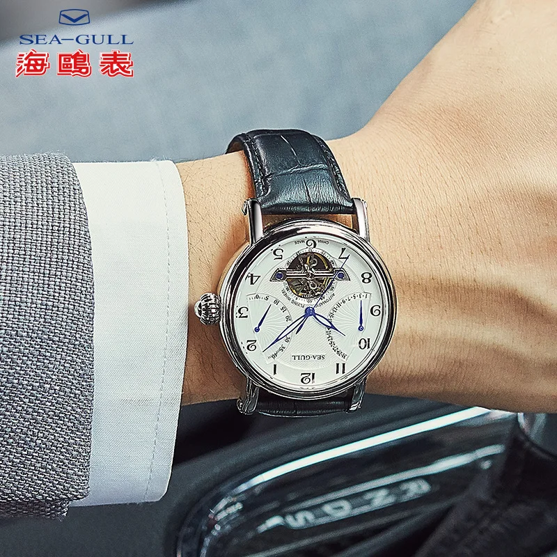 SEA-GULL бизнес часы мужские механические наручные часы Неделя Календарь 50 м водонепроницаемый кожаный мужской браслет застежка часы 819,317