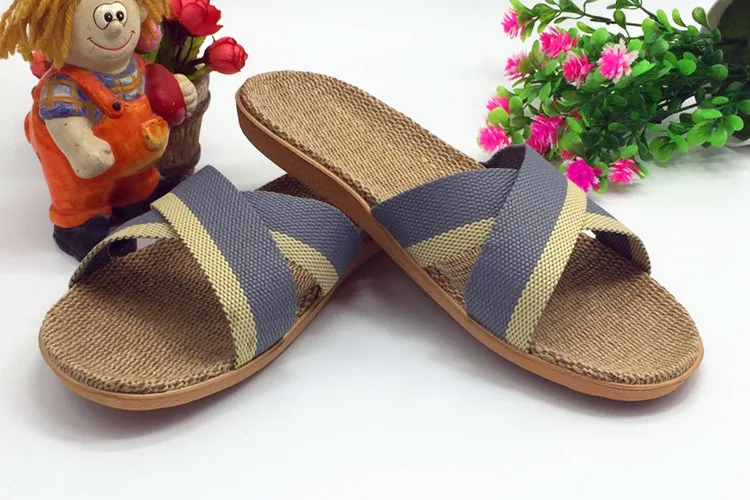 AoXunLong Men Summer Linen Weave Home Slippers Cloth Cross Men Indoor Floor Slides EU 40/45 Size Big House Non-Slip Hemp Slipper