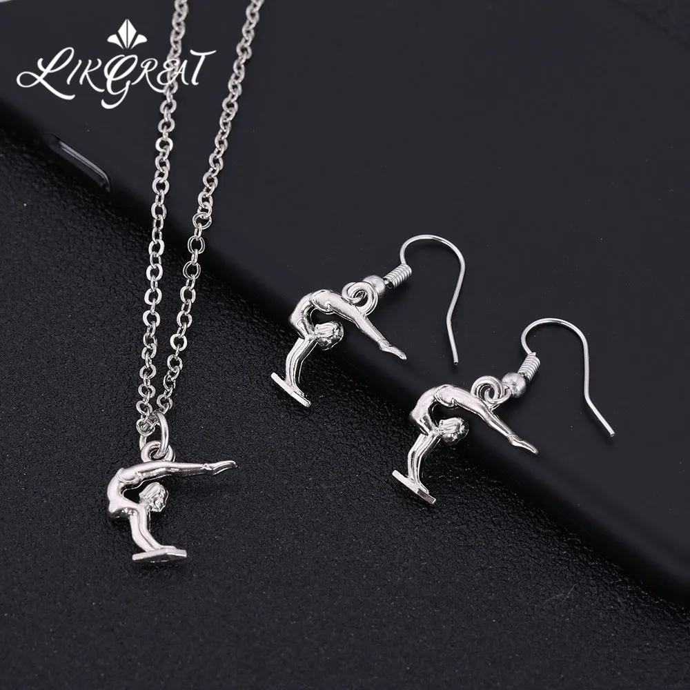 

LIKGREAT Gymnastics Player Pendant Necklace Sport Jewelrt Set Simple Earrings Antique Silver Color Bijoux Gift for Gymnast Fan