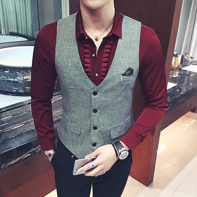 

New men's slim men's vest 2 pockets jacket trend casual work clothes vest