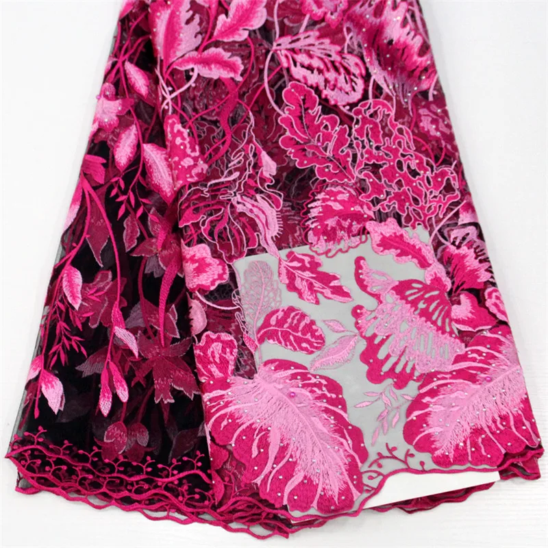 

Free shipping wedding nigerian lace fabrics high quality african tulle net lace with stones Rose red HJ956-1
