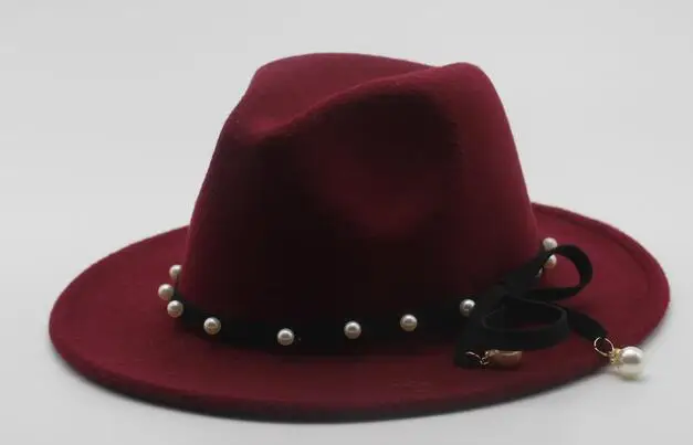 Seioum с широкими полями, осенняя Женская мода, жемчужный Топ, джазовая шляпа Кепка, зимняя фетровая шляпа для мужчин, шерстяная шляпа, модная женская шапка, розовые шапки - Цвет: Wine red