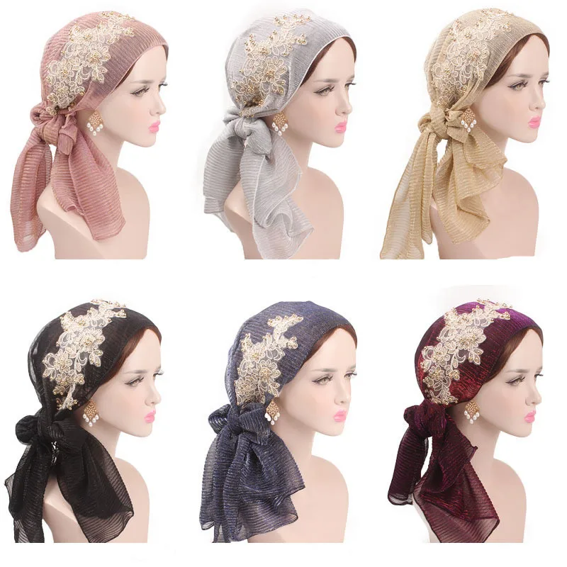 

Women Muslim Turban Long Tail Hijab Scarf Cap Elegant Bandanas Embroidery Beads