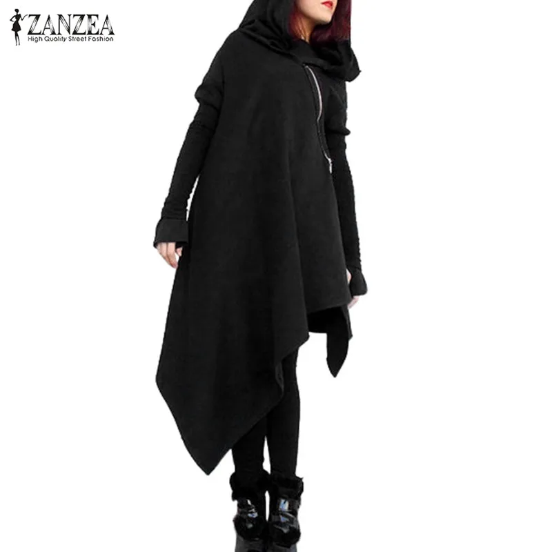 ZANZEA, женское Модное пончо с капюшоном и длинным рукавом, пуловер на молнии с неровным подолом, Свободный Повседневный осенний плащ, толстовка размера плюс