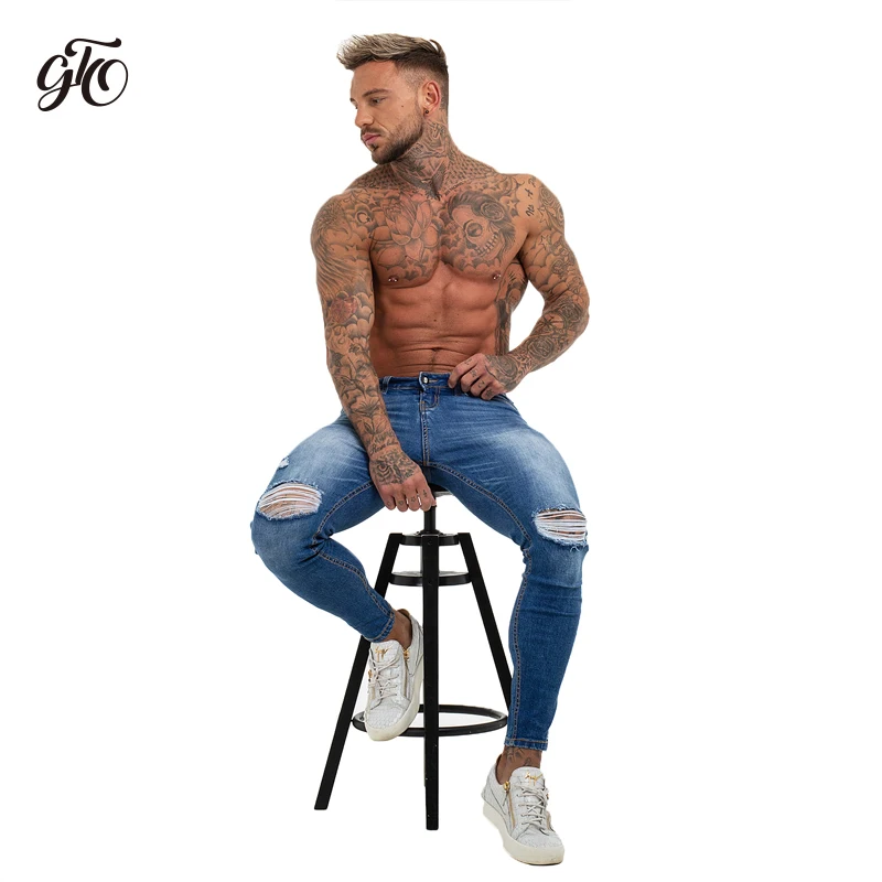 Gingtto Mens Jenas Side Stripe Super Spray on Skinny Jeans Men Plus Elastic Waist Europe Size Athletic Body Type Street Fashion