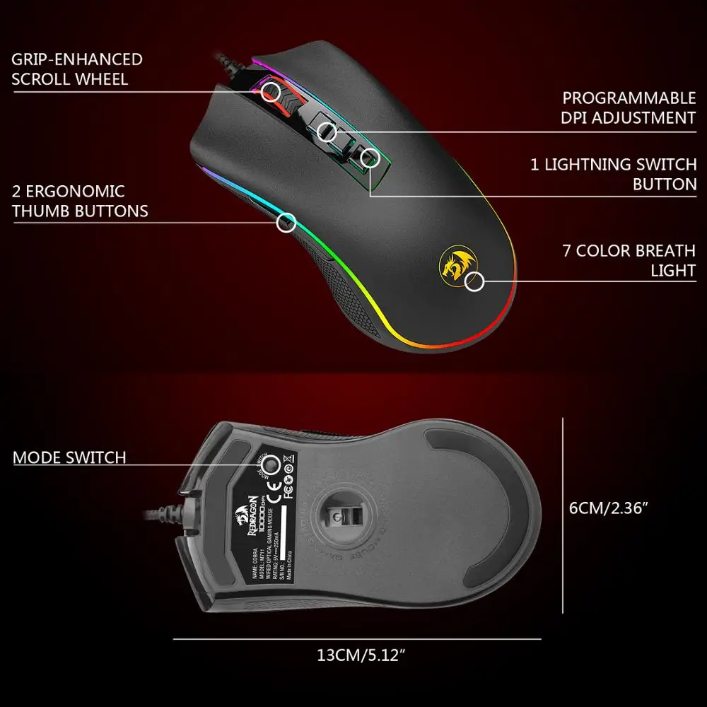 Проводная игровая мышь Redragon M711 COBRA, RGB светодиодный, с Цветной подсветкой, 16,8 миллионов Chroma, 10000 dpi, 7 программируемых кнопок, геймер для Dota