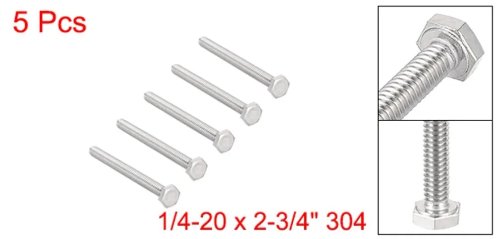 UXCELL 5 шт. болты 1/4 20x2 3/4 дюйма 304 с шестигранной головкой из нержавеющей стали