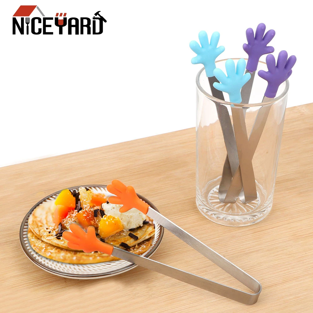 

NICEYARD Silicone Food Clip Stainless Steel Handle Utensil Salad Serving BBQ Tongs Cute Mini Hand Shape Kitchen Cooking Tools