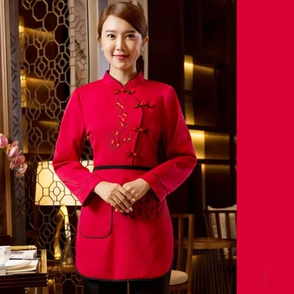 Отельная рабочая одежда осень/зима женский китайский Ресторан униформа официантки+ фартук набор для мужчин Высокое качество китайский стиль рабочая одежда - Цвет: women red