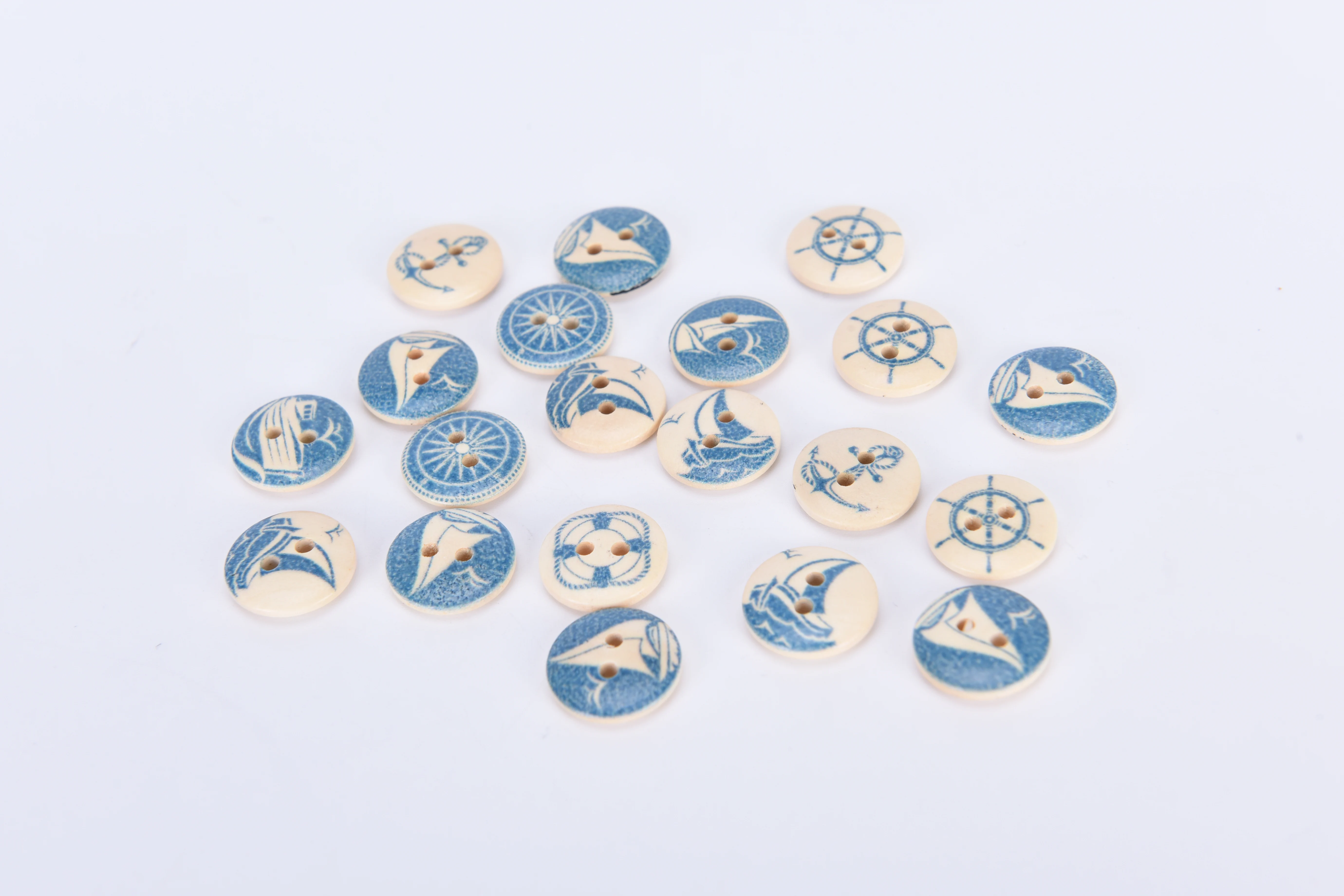 10pcs Natural Wood Round Buttons Blue Nautische Design Sewing