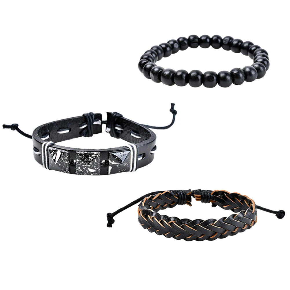 3Pcs Adjustable Faux Leather Braid Bracelets Men's Beads Bangle Bracelet Jewelry | Украшения и аксессуары