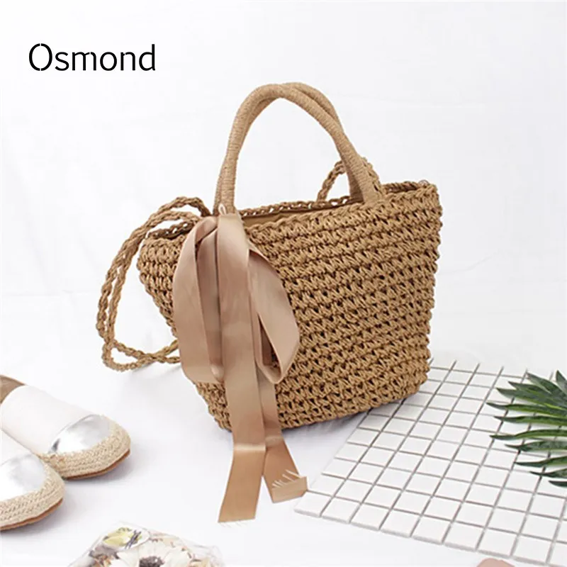 

Osmond Ribbon Bowknot Straw Tote 2017 Bohemian Summer Beach Handbag Fashion Casual Woven Drawstring Shoulder Bag Women crossbody