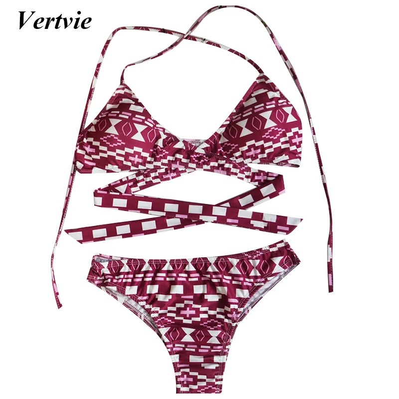 

Vertvie Sexy Multi Printed Striped Pattern Harness Bikini Swimwear Women Female Cross Strap Push Up Quick Dry Slim Biquini Femme