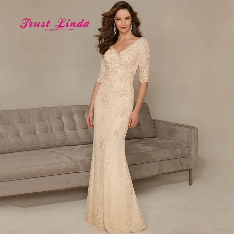 

Champagne Mother Of Bride Dresses Half Sleeves V Neck Floor Length Mermaid Lace Evening Dress Vestido Madre De La Novia