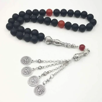 

Man's tasbih Natural Frosted black agates with Old Red Agates beads misbaha Metal Eyes tassel Onxy prayer beads 33 66 99beads