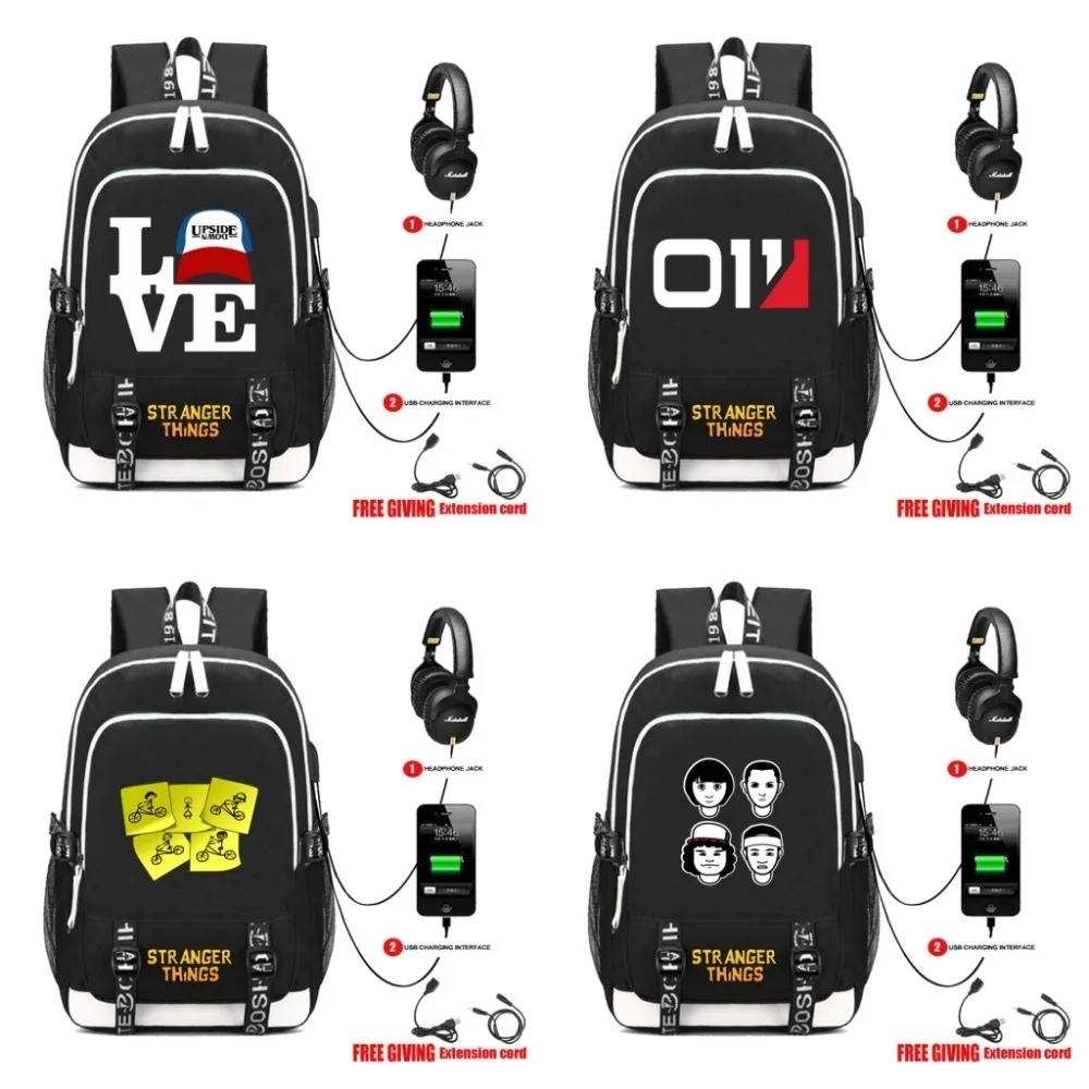 

Hot Stranger Things Backpack USB Charging Headphone Teenagers Schoolbag Unisex Travelbag Multifunction Daily Rucksack 18 style