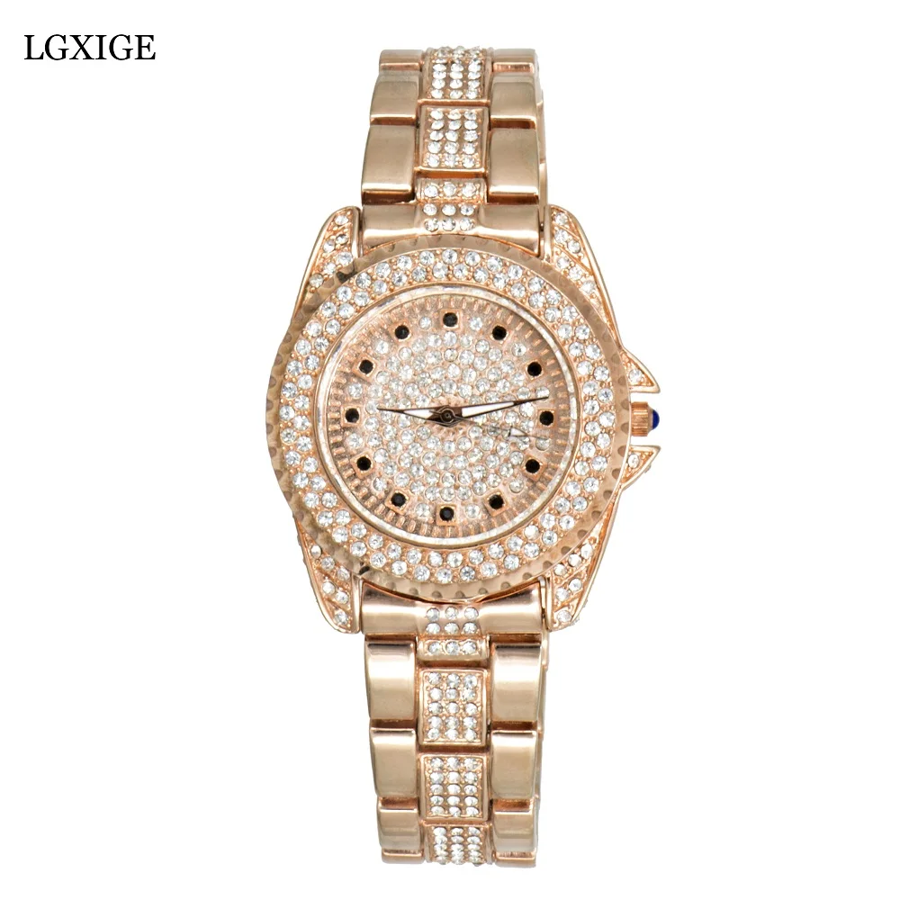

LGXIGE Top brand Diamond Rose Gold Women Rhinestone Watch Female Fashion Steel Women Quartz Bling Dress Watch for Ladies Clock