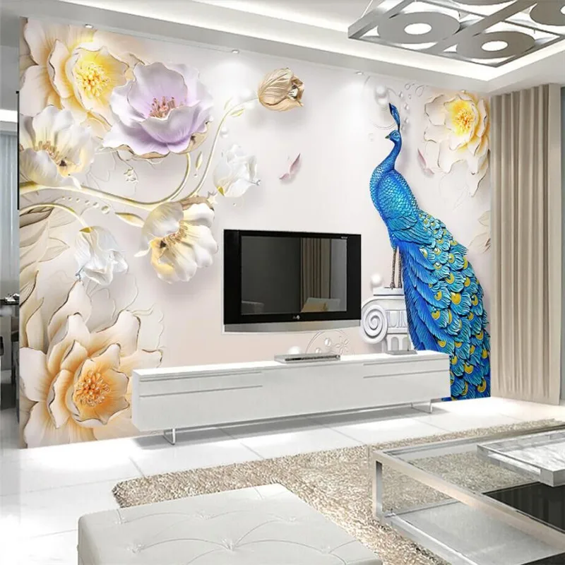 

Jewelry Embossed Stereo Simple Peacock European Style Wall Decorative Painting Professional Production Wallpaper Mural