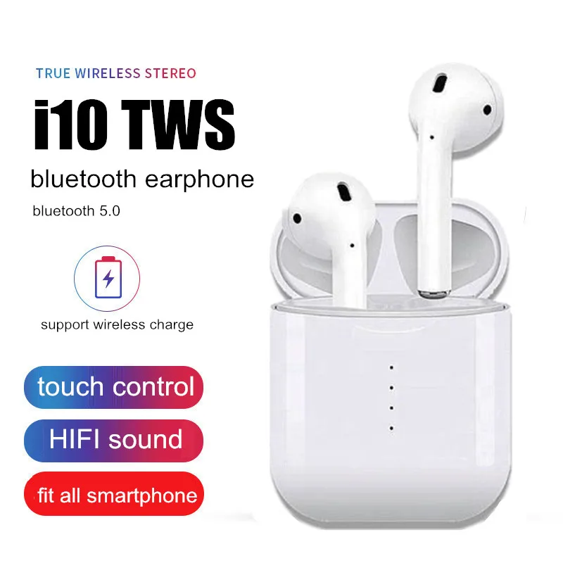 

i10 TWS Wireless Earphone Bluetooth 5.0 touch control Earbuds with charger case For all smartphone support dropshipping