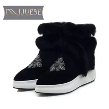 MLJUESE/; женские зимние ботинки из коровьей замши и кроличьего меха; зимние теплые короткие плюшевые ботинки на платформе с острым носком и кристаллами; женские ботильоны