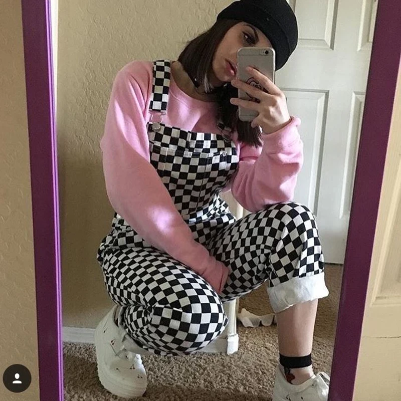 

Summer Retro Old School Hiphop 2019 Style Black and White Plaid Pattern Checkerboard Overalls Women Loose Pants