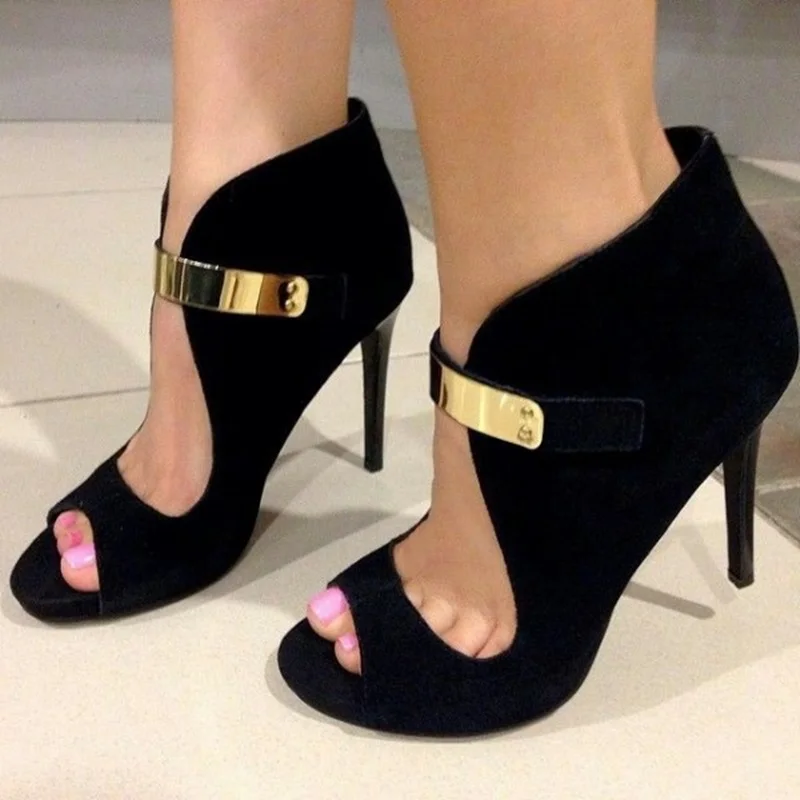 

Women Sandals Boots Black Suede Peep Toe Cut Out Stiletto Heel Summer Boots