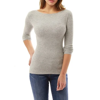 

Fashion Long Knitted Sweater Solid Color Boat Neck Slim Women Pullover Warm