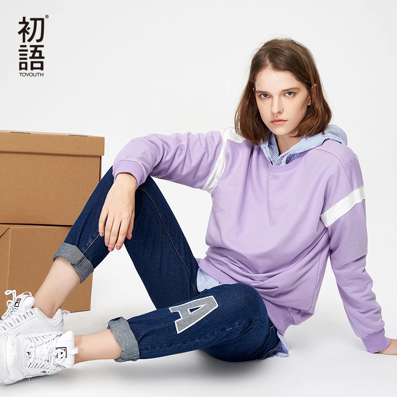 Toyouth фиолетовый О образным вырезом Футболка Для женщин Ulzzang свитер с длинными