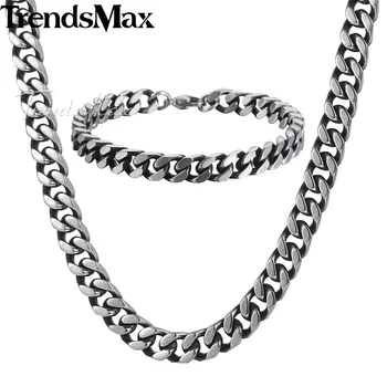 

Trendsmax Jewelry Set Mens Necklace Bracelet Stainless Steel Chain Gunmetal Curb Cuban Link KS222