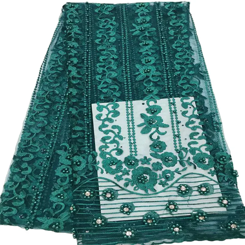

Latest Embroidery African French 5 Yards Tulle Dress Fabric High Quality Green Beaded African Laces X779-5