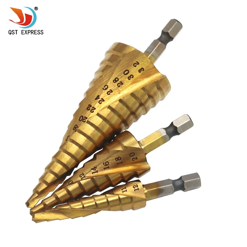 

QSTEXPRESS 3pcs Golden HSS Helix Spiral Grooved Step Drill Bits Cut Set Hole Cutter