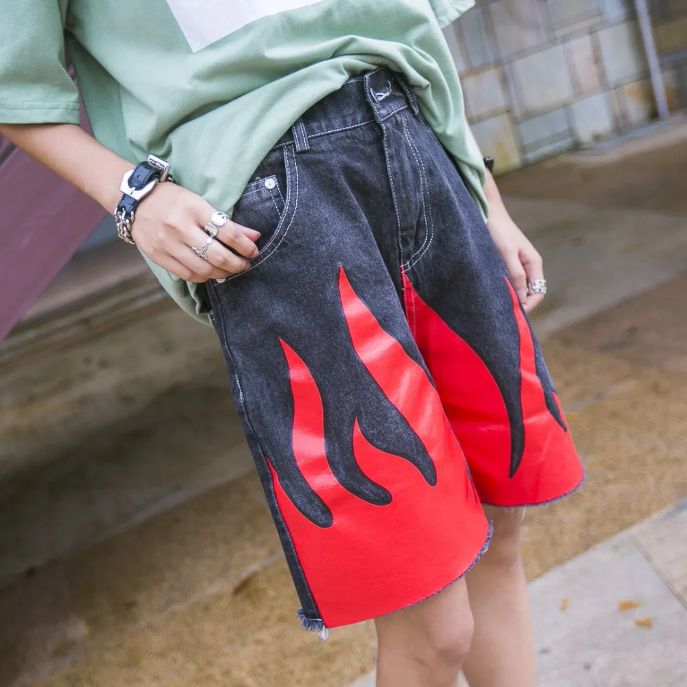 

Street color block flame print loose plus size midsweet flash water wash denim knee-length jeans bf
