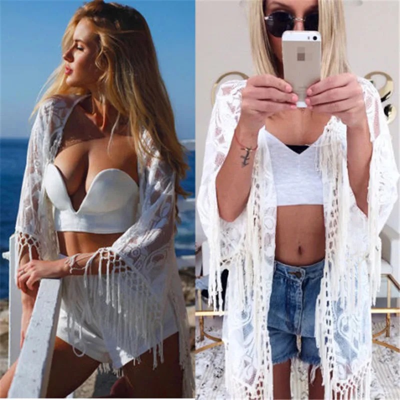 White Sexy Women Lace Crochet Tassel Bikini Swimwear Cover Up Woman Beach Dress Bathing Suit Beach Swimwear cover up