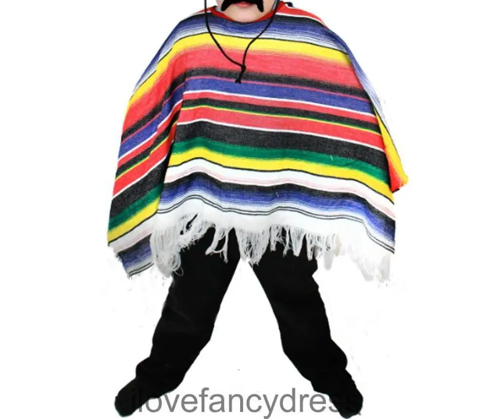 Mexican Poncho Fancy Dress Costume Sombrero Party Bandit Adult Western Outfit