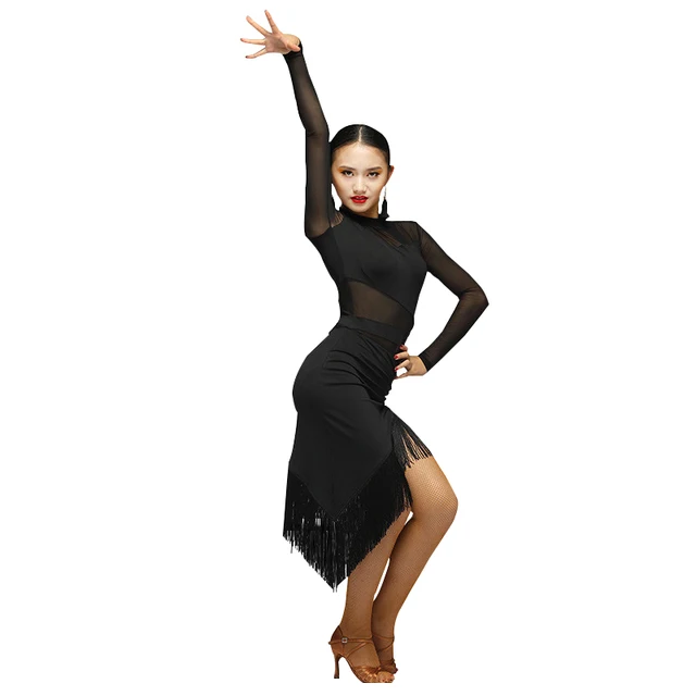 fashion tassel gauze long sleeve irregular latin dance one piece latin ballroom