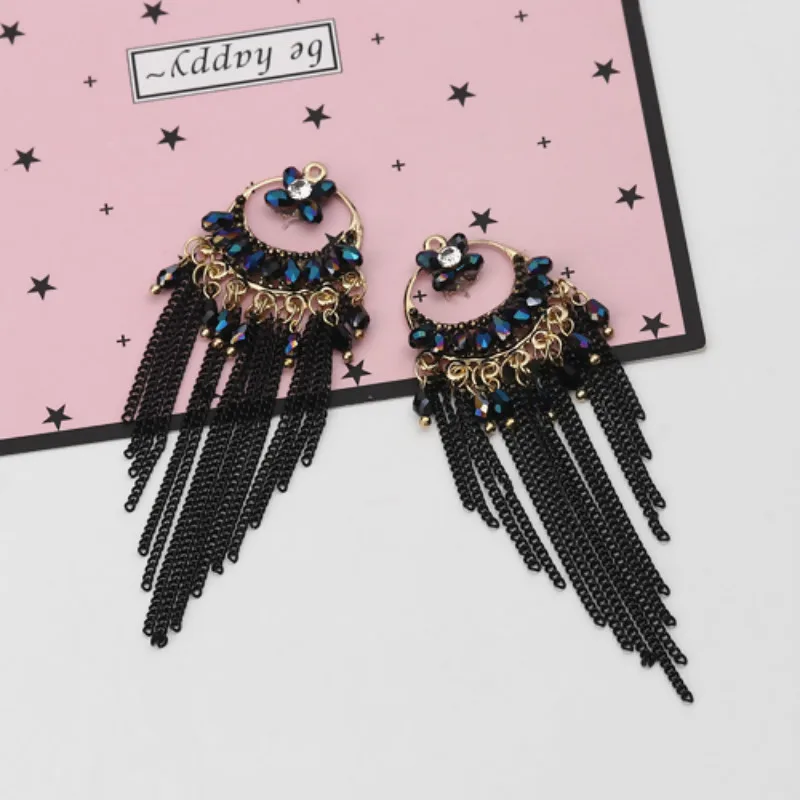

Iron Based Alloy & Glass Tassel Pendants Round Flower Black AB Color Clear Rhinestone About 90mm(3 4/8") x 29mm(1 1/8"), 1 Piece