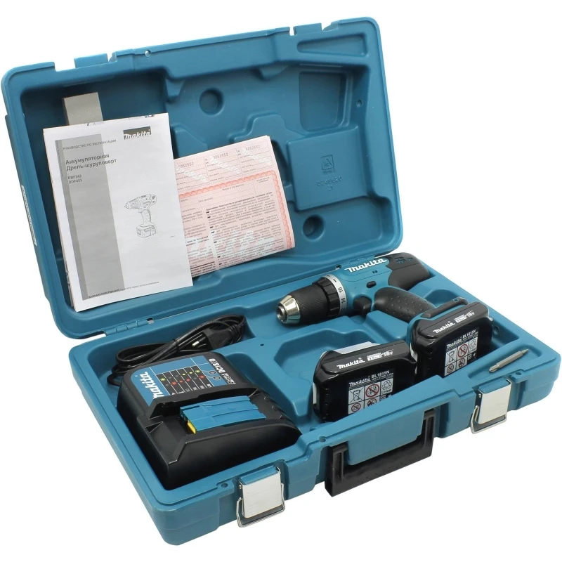 Дрель-шуруповерт аккумуляторная Makita DDF453SYE (Напряжение аккумулятора 18 В, емкость 1,5 А-ч, макс.крутящий момент 42 Нм, 2 скорости 0-400/0-1300 об/мин, Li-ion, 2 аккумулятора, кейс)