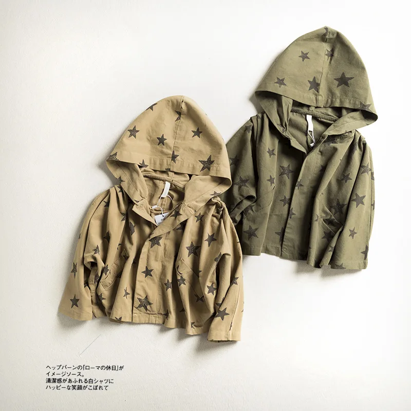 

WLG spring autumn boys fashion stars printed jackets kids army green khaki hooded zipper coats baby boys all match clothes 2-7T