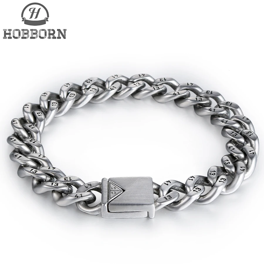 

HOBBORN Hiphop Titanium Steel Bracelets Men Link Chain Number 13 41 Charm Bracelet Never Fade Mens Jewelry Brazaletes Pulseras