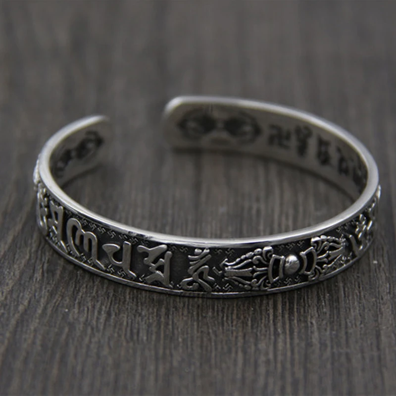S925 Sterling Silver 6 Words mantran Om Mani Padme Hum Bangle Thai Silver Handmade Open Back Adjustable Bracelet Cuff Bangle S925 Sterling Silver 6 Words mantran Om Mani Padme Hum Bangle Thai Silver Handmade Open Back Adjustable Bracelet Cuff Bangle