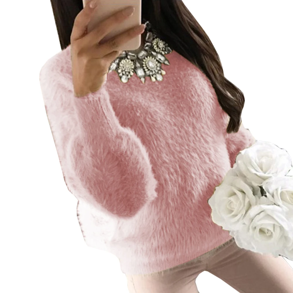 

Giraffita Women Autumn Winter Fluffy Sweater Hairy Thick Warm Long Sleeve Pullover O Neck Solid Top