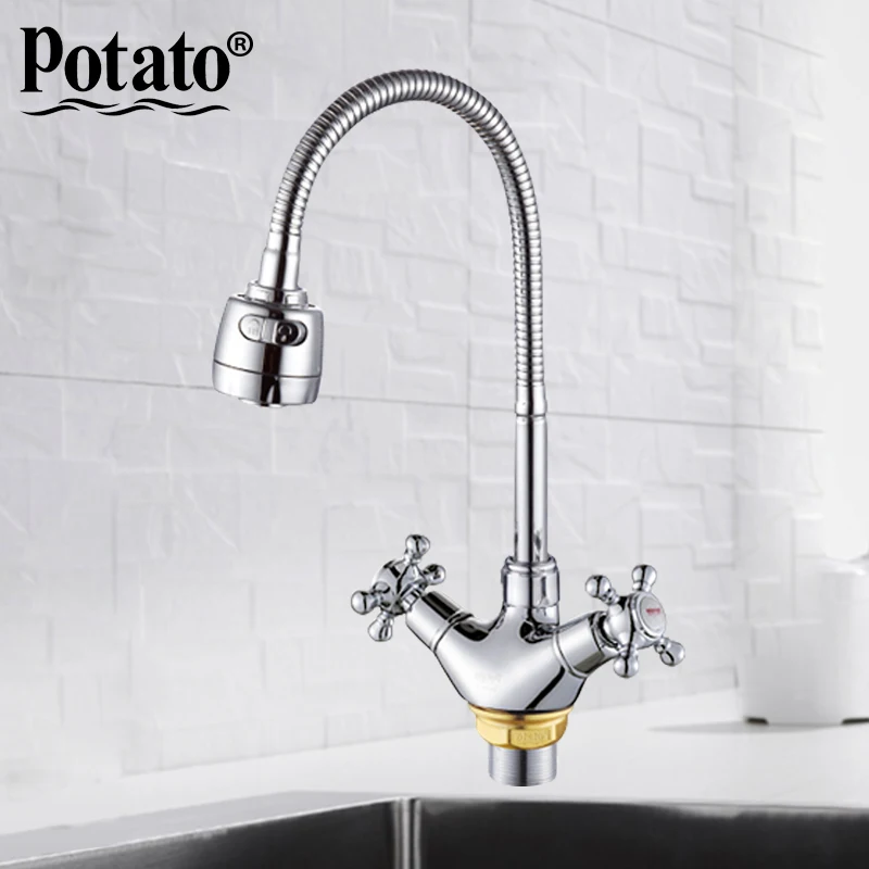 

potato chrome Double handle Kitchen sink faucet Mixer Cold and Hot Kitchen Tap mixer Single Hole Water Tap P5860